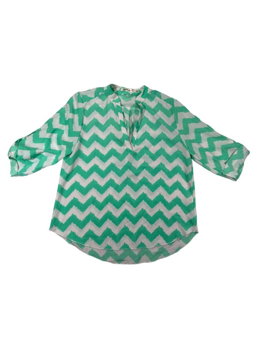 Liberty Love Womens Green Chevron Print Blouse Size L 3/4 Sleeve Button Tab